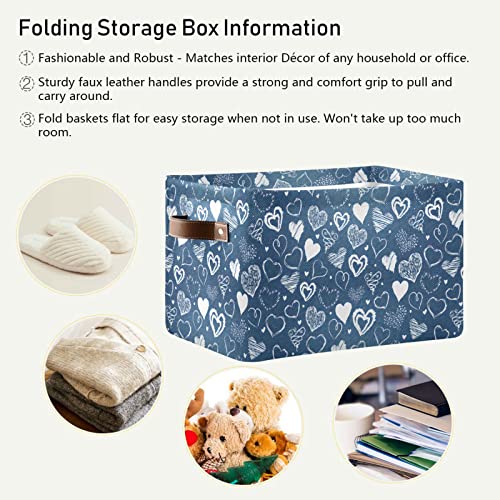 Gougeta Foldable Storage Basket with Handle, Vintage Navy Flowers and Hearts Rectangular Canvas Organizer Bins for Home Office Closet Clothes Toys 1 Pack