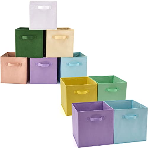 EZOWare Set of 10 Fabric Basket Bins, Assorted Color Collapsible Organizer Storage Cube with Handles for Home, Bedroom, Baby Nursery, Kids Playroom Toys - 13"x15"x13" + 10.5"x 10.5"x 11"