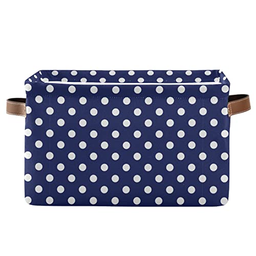 Gougeta Foldable Storage Basket with Handle, Navy Blue Polka Dot Rectangular Canvas Organizer Bins for Home Office Closet Clothes Toys 1 Pack