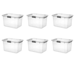 30 qt. plastic storage box tote organizing container with durable lid , stackable and nestable snap lid plastic storage bin, 6 pack, clear with gray buckle