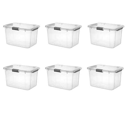 30 Qt. Plastic Storage Box Tote Organizing Container With Durable Lid , Stackable and Nestable Snap Lid Plastic Storage Bin, 6 Pack, Clear With Gray Buckle