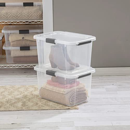 30 Qt. Plastic Storage Box Tote Organizing Container With Durable Lid , Stackable and Nestable Snap Lid Plastic Storage Bin, 6 Pack, Clear With Gray Buckle