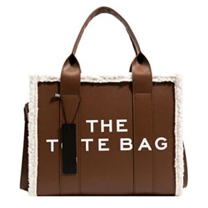 the tote bag for women, letter handbag tote bag, lamb fur + leather shoulder/crossbody bag, for office, travel, school