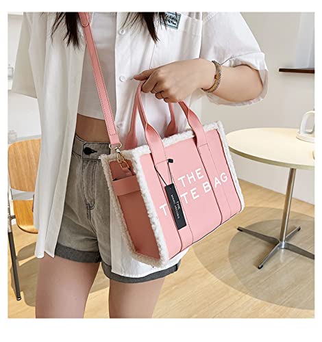 The Tote Bag for Women, Letter Handbag Tote Bag, Lamb Fur + Leather Shoulder/Crossbody Bag, for Office, Travel, School