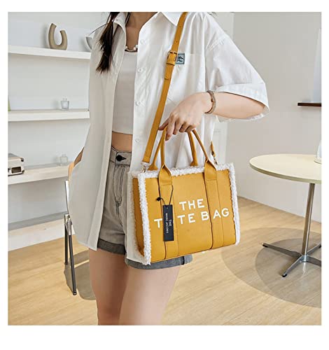 The Tote Bag for Women, Letter Handbag Tote Bag, Lamb Fur + Leather Shoulder/Crossbody Bag, for Office, Travel, School