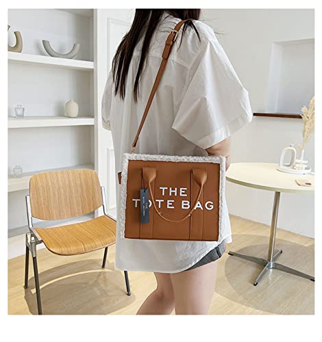 The Tote Bag for Women, Letter Handbag Tote Bag, Lamb Fur + Leather Shoulder/Crossbody Bag, for Office, Travel, School