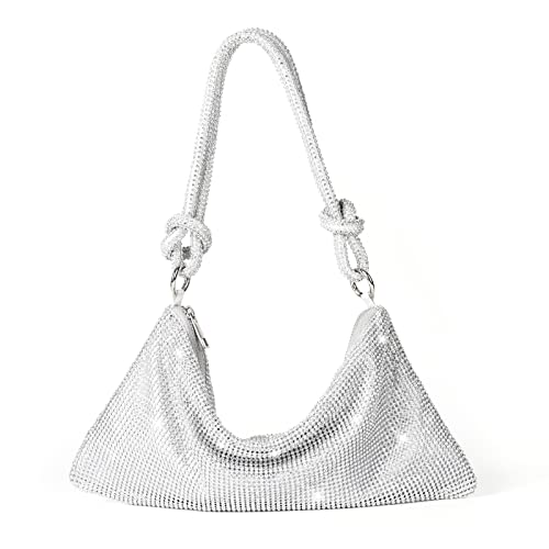 Valleycomfy Chic Rhinestone Purses for Women Sparkly Evening Handbag Bling Hobo Bag Shiny Silver Clutch Purse for Party Club Wedding