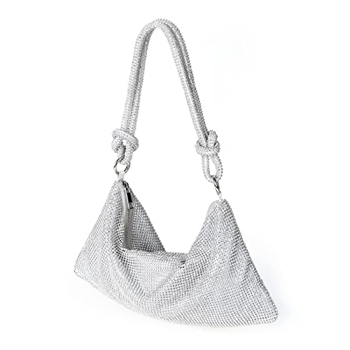 Valleycomfy Chic Rhinestone Purses for Women Sparkly Evening Handbag Bling Hobo Bag Shiny Silver Clutch Purse for Party Club Wedding