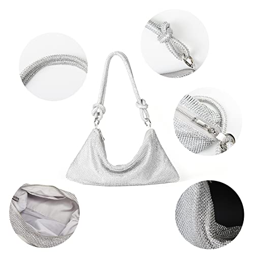 Valleycomfy Chic Rhinestone Purses for Women Sparkly Evening Handbag Bling Hobo Bag Shiny Silver Clutch Purse for Party Club Wedding