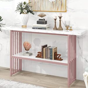 modern 63-inch long console table faux marble entry sofa table metal frame entryway table with shelf for living room (white& pink)