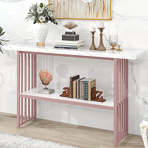 Modern 63-Inch Long Console Table Faux Marble Entry Sofa Table Metal Frame Entryway Table with Shelf for Living Room (White& Pink)