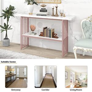 Modern 63-Inch Long Console Table Faux Marble Entry Sofa Table Metal Frame Entryway Table with Shelf for Living Room (White& Pink)