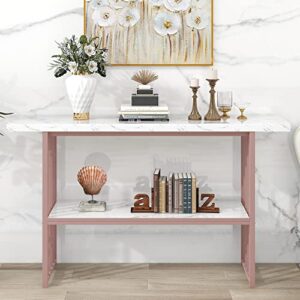 Modern 63-Inch Long Console Table Faux Marble Entry Sofa Table Metal Frame Entryway Table with Shelf for Living Room (White& Pink)