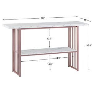 Modern 63-Inch Long Console Table Faux Marble Entry Sofa Table Metal Frame Entryway Table with Shelf for Living Room (White& Pink)