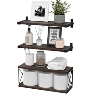 wopitues floating shelves wall mounted, wood bathroom shelves with extra storage shelf, rustic wall shelves for bathroom, bedroom, kitchen, living room, plants – rustic brown