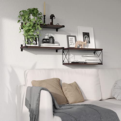 WOPITUES Floating Shelves Wall Mounted, Wood Bathroom Shelves with Extra Storage Shelf, Rustic Wall Shelves for Bathroom, Bedroom, Kitchen, Living Room, Plants - Rustic Brown