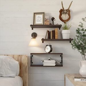 WOPITUES Floating Shelves Wall Mounted, Wood Bathroom Shelves with Extra Storage Shelf, Rustic Wall Shelves for Bathroom, Bedroom, Kitchen, Living Room, Plants - Rustic Brown