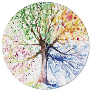 4ft Round Area Rug Tree of Life, Soft Rugs for Living Room, Large Indoor Outdoor Circle Area Rug for Bedroom/Dorm Room Washable Rug Mat Colorful Watercolor Art Plant, Non Slip Backing Carpet