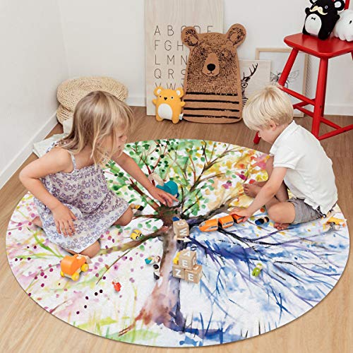 4ft Round Area Rug Tree of Life, Soft Rugs for Living Room, Large Indoor Outdoor Circle Area Rug for Bedroom/Dorm Room Washable Rug Mat Colorful Watercolor Art Plant, Non Slip Backing Carpet