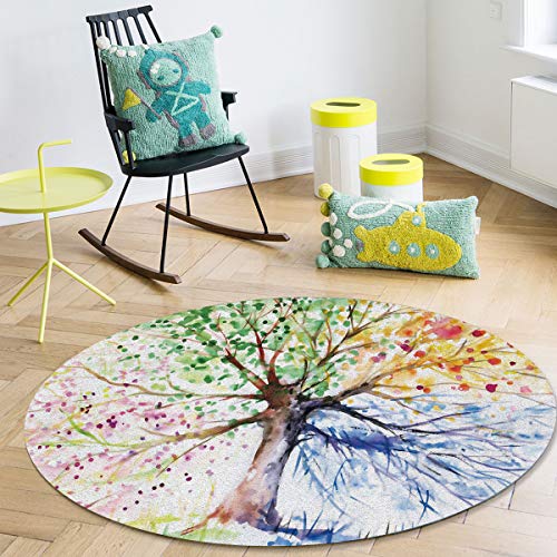 4ft Round Area Rug Tree of Life, Soft Rugs for Living Room, Large Indoor Outdoor Circle Area Rug for Bedroom/Dorm Room Washable Rug Mat Colorful Watercolor Art Plant, Non Slip Backing Carpet