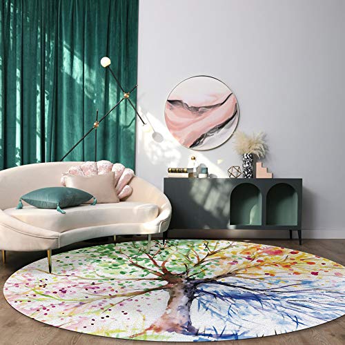 4ft Round Area Rug Tree of Life, Soft Rugs for Living Room, Large Indoor Outdoor Circle Area Rug for Bedroom/Dorm Room Washable Rug Mat Colorful Watercolor Art Plant, Non Slip Backing Carpet