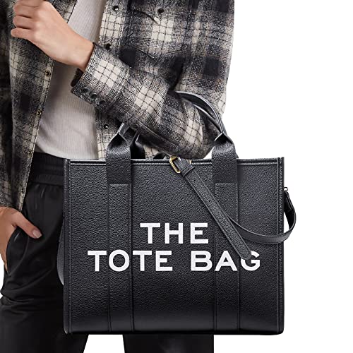 Women's The Tote Bag, PU Leather Tote Bag, Shoulder, Crossbody or Handle Bag for Work, School (10.2X4.2X8.5in) (black)