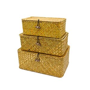 handwoven seagrass storage bins box with lids, rectangular wicker basket storage basket, shelf baskets set of 3