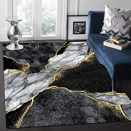 Nordic Modern Abstract Marble Area Rugs Luxury Black Grey Gold Floor Mats Fluffy Soft Machine Washable Breathable Durable for Hotel Home Decor Doormat Entrance Hall Yoga Room Patio,5ft x 7ft