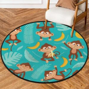 cute monkey round area rug, monkey banana non-slip circle rug for bedroom living room outdoor study playing floor mat carpet, 5.2′ diameter