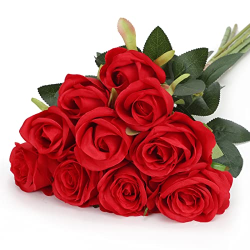 CEWOR 10pcs Artificial Roses with Stems Red Roses Fake Flowers Decorations for Mothers Day Bridal Bouquet Wedding Party Home Decor (Red)