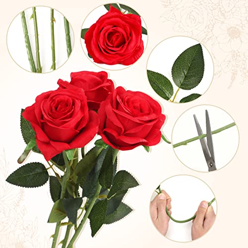 CEWOR 10pcs Artificial Roses with Stems Red Roses Fake Flowers Decorations for Mothers Day Bridal Bouquet Wedding Party Home Decor (Red)