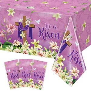 3 pack he is risen easter tablecloth party decorations, spring lily floral easter plastic tablecloth rectangle for holiday spring farmhouse kitchen dining table decorations indoor outdoor, 54×108 inch