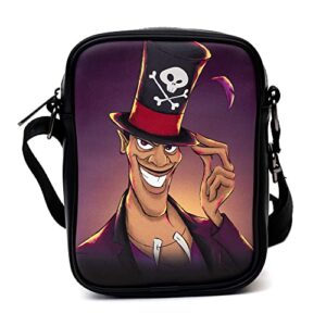 disney bag, cross body, disney villain dr facilier smiling pose and quote, black, vegan leather