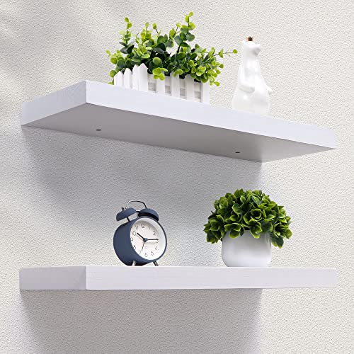 Axeman Floating Shelves, 2 Pack 8 Inch Deep Modern Solid Wood Wall Shelves for Storage, Wall Mounted Display Shelving with Invisible Heavy-Duty Metal Bracket, 24" W x 8" D x 1.6" H, Snow White