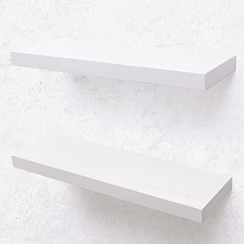 Axeman Floating Shelves, 2 Pack 8 Inch Deep Modern Solid Wood Wall Shelves for Storage, Wall Mounted Display Shelving with Invisible Heavy-Duty Metal Bracket, 24" W x 8" D x 1.6" H, Snow White