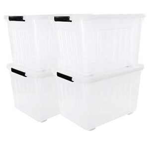 cand 50 quart clear plastic box with wheels, large lidded storage bins, 4 packs