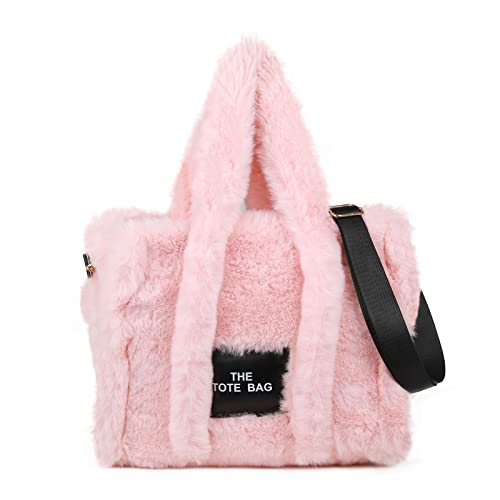 JQAliMOVV The Tote Bags for Women, Fluffy Tote Bags Top-Handle Crossbody Handbag Trendy Plush Tote Bag for Travel Work (Pink)