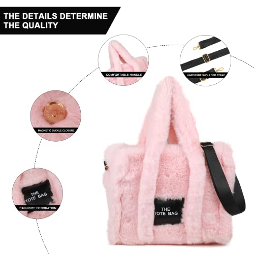 JQAliMOVV The Tote Bags for Women, Fluffy Tote Bags Top-Handle Crossbody Handbag Trendy Plush Tote Bag for Travel Work (Pink)