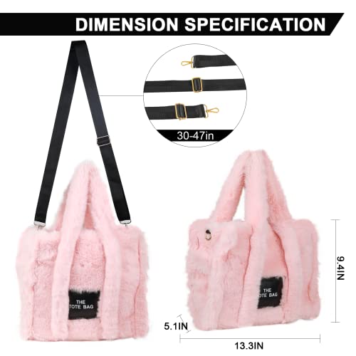 JQAliMOVV The Tote Bags for Women, Fluffy Tote Bags Top-Handle Crossbody Handbag Trendy Plush Tote Bag for Travel Work (Pink)