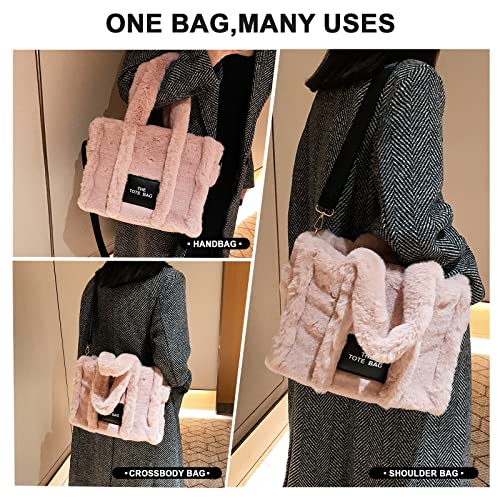 JQAliMOVV The Tote Bags for Women, Fluffy Tote Bags Top-Handle Crossbody Handbag Trendy Plush Tote Bag for Travel Work (Pink)