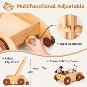 Woodtoe Wooden Baby Walker, Adjustable Speed Anti-Rollover Push Walker Toy for Babies Learning to Walk, Natural Wood Toddler Push and Pull Baby Walker Wagon Gift for Boy Girl 1 2 3(Patent Protection)