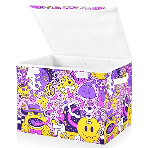 NFMILI Storage Bins (Psychedelic Graffiti) with Lid And Handles, Foldable Storage Basket Large Capacity Household Cube for Organizing Cloth Toys Books 16.5×12.6×11.8 IN