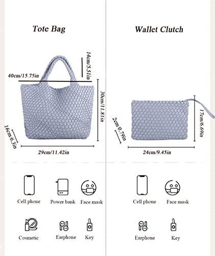 Hereubuy Now Women's Fashion Woven Bag Shopper Hand-Woven Tote Handbags and Purse for Women Ladies Vegan Soft PU Leather Shoulder Bags Large Capacity Underarm (Woven - Light Blue)