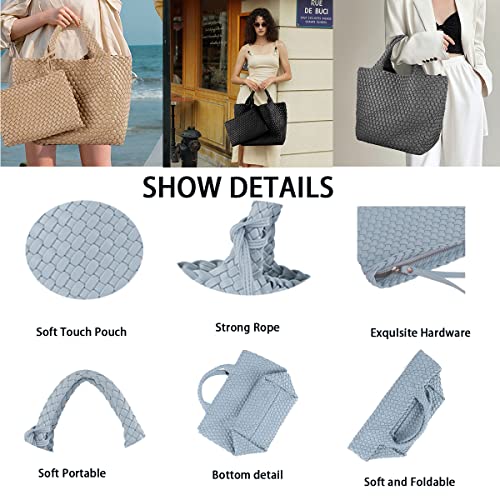 Hereubuy Now Women's Fashion Woven Bag Shopper Hand-Woven Tote Handbags and Purse for Women Ladies Vegan Soft PU Leather Shoulder Bags Large Capacity Underarm (Woven - Light Blue)