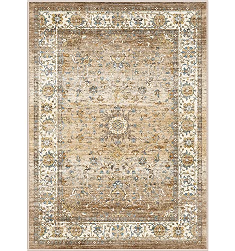 befbee Washable Rug 8x10 Area Rugs for Living Room - Stain Resistant Non-Slip Backing Rugs for Bedroom - Vintage Boho Persian Large Area Rug (Apricot/Blue, 8'x10')