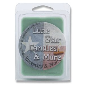 rosemary and mint, lone star candles & more’s premium hand poured strongly scented wax melts, the scent of aromatic rosemary and minty eucalyptus with sage, 12 wax cubes, usa made in texas, 2-pack