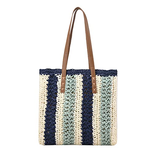 HJMND Women Handmade Woven Large Shoulder Bag Straw Handbag Straw Purse Summer Beach Bag (blue stripes)