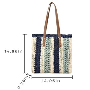 HJMND Women Handmade Woven Large Shoulder Bag Straw Handbag Straw Purse Summer Beach Bag (blue stripes)