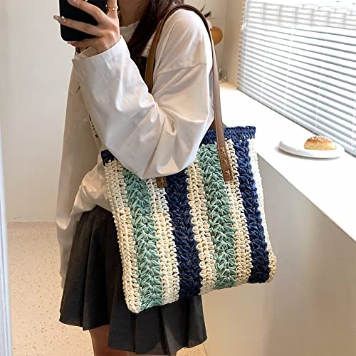 HJMND Women Handmade Woven Large Shoulder Bag Straw Handbag Straw Purse Summer Beach Bag (blue stripes)