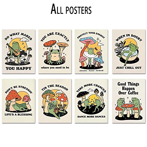 ZGSDGF 8 Piece Retro Cute Frog Mushroom Poster funny Animal plant posters for bedroom Wall Art Inspirational Quotes room decor aesthetic vintage art modern house decor Paintings for Bathroom(8x10inchx8 unframed)